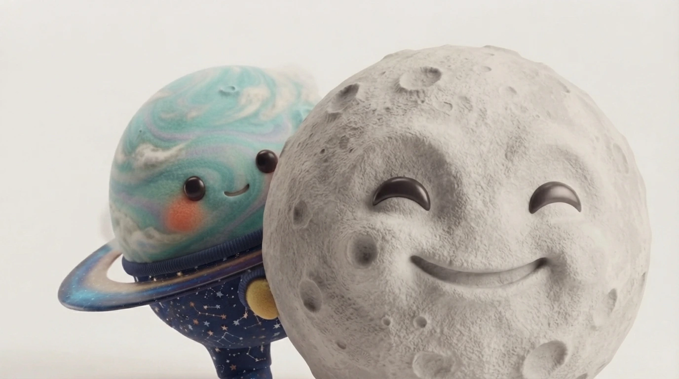 Teo, o mascote da Minha Estrela, abraçado com a lua